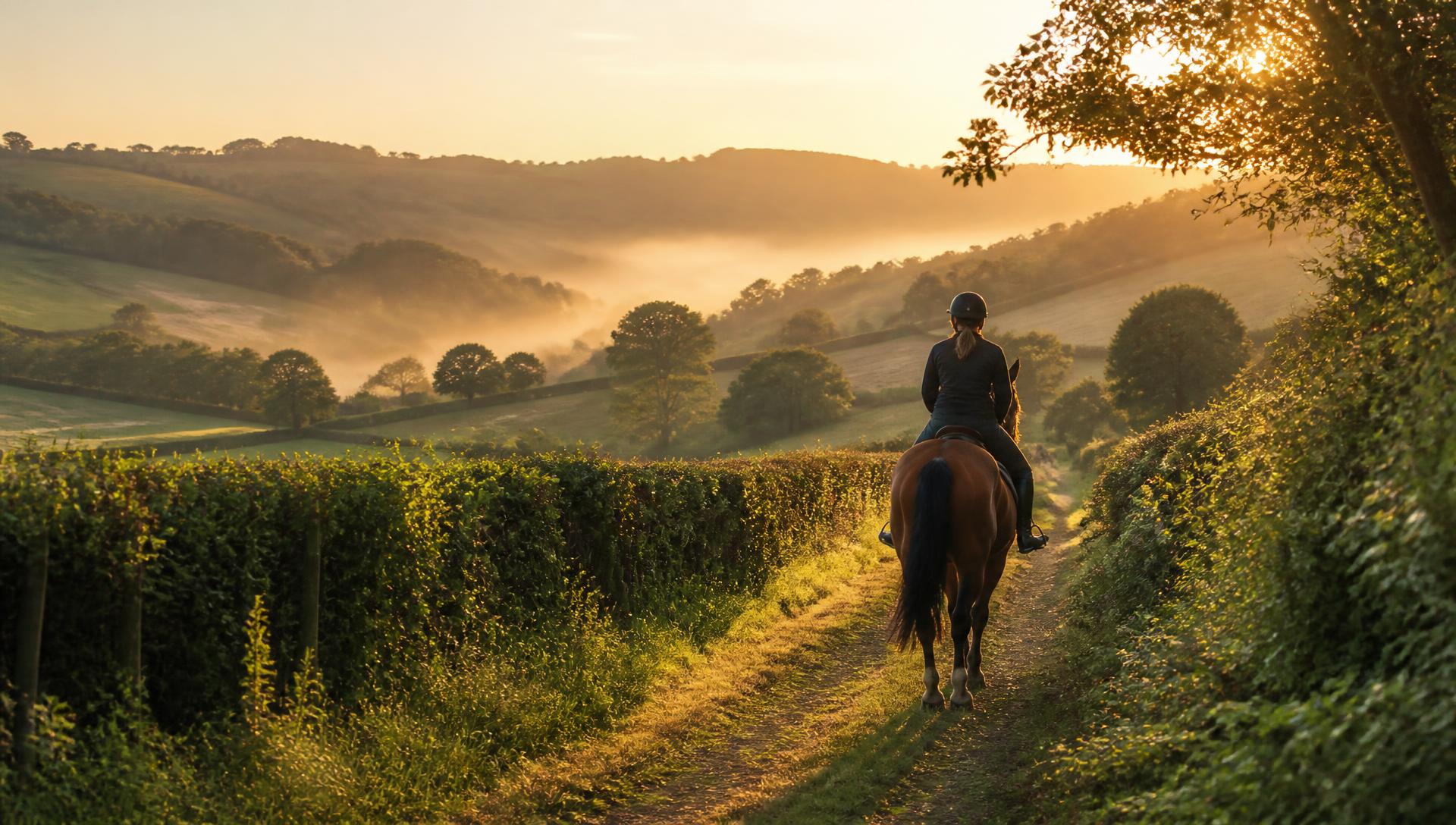 A rider hacking along a hedgerow bridleway through misty English hills at golden hour